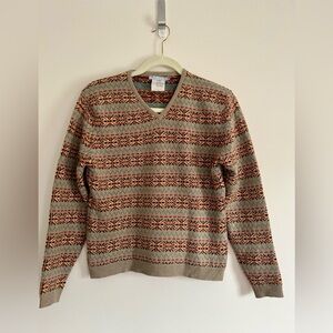 Saks Fifth Avenue 100% Cashmere Fair Isle Sweater V Neck Nordic Beige Brown Blue